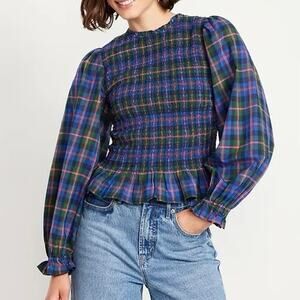 Old Navy Plaid Smocked Peplum Top Puff Sleeve Multicolor Blouse Sz L NWT